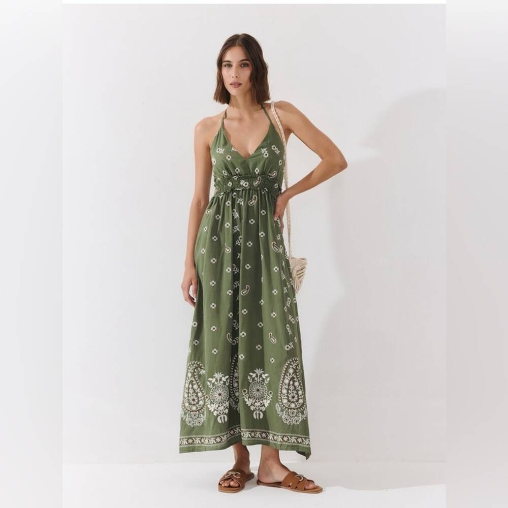 Zara Olive Green Floral Halter Tiered Dress Size M